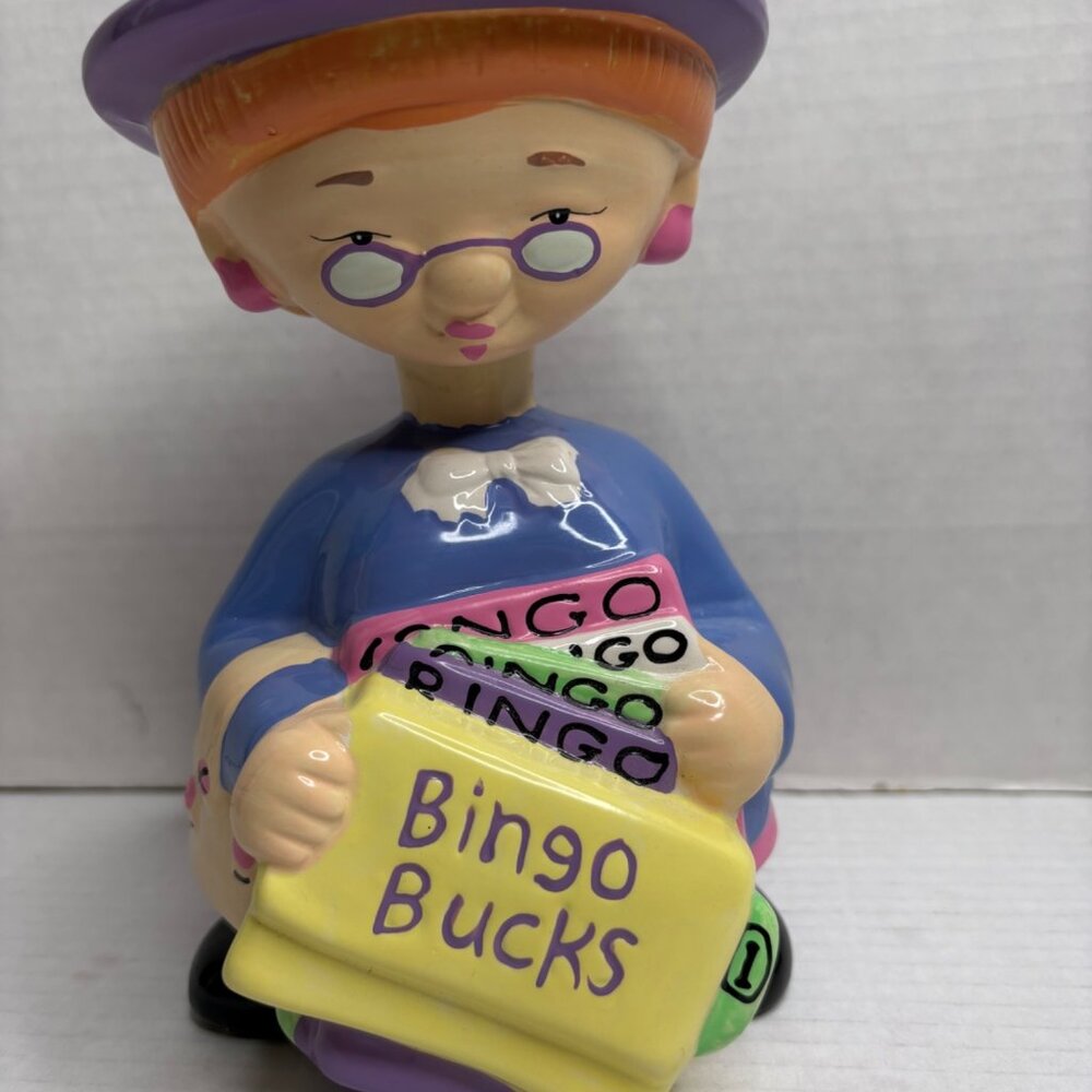Ceramic Bobble Head Bingo Lady Coin Bank Figurine Colorful Money Savings Gift
